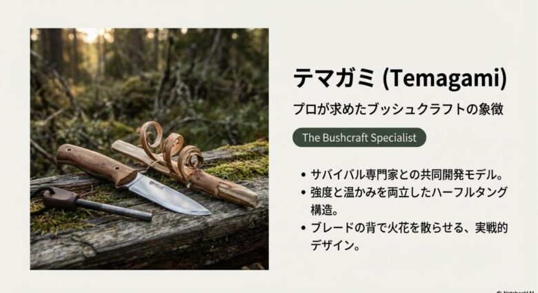 サバイバル専門家と共同開発されたテマガミの製品画像と、ハーフフルタング構造、火花を散らせるブレード背の解説