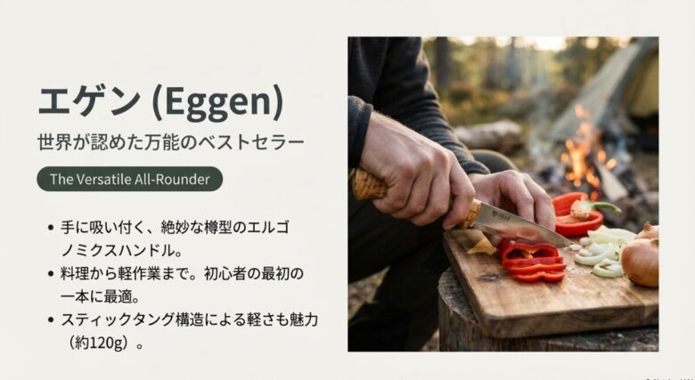 調理に使用されるエゲンのイメージ写真と、約120gという軽さや樽型ハンドルの特徴リスト
