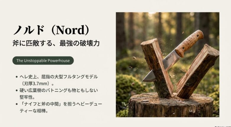 硬い広葉樹をバトニングするノルドの迫力ある写真と、3.7mmの刃厚による堅牢性の解説