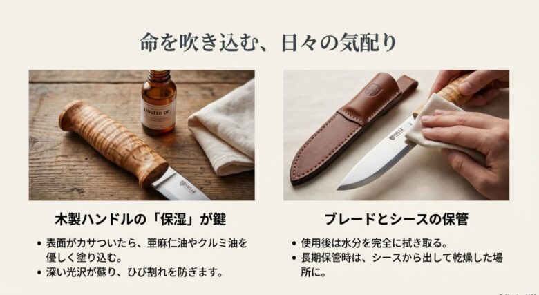 亜麻仁油（リンシードオイル）でハンドルを保湿する風景と、ブレードの水分を拭き取る手入れの手順