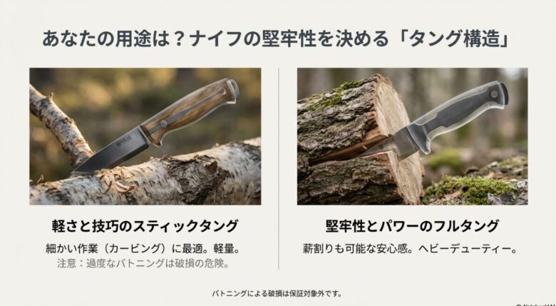 軽作業に向くスティックタングと、薪割りも可能な堅牢なフルタングの構造比較写真