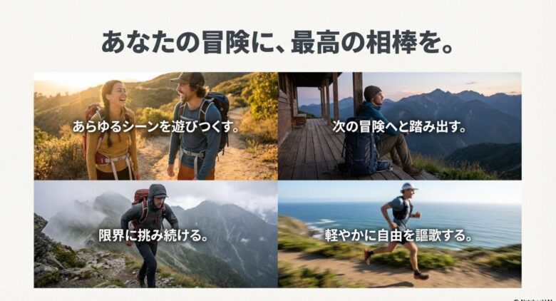 日帰りハイク、小屋泊登山、アルパインクライミング、トレイルランニングの4つのシーンでタロンシリーズを活用しているハイカーたちのコラージュ写真
