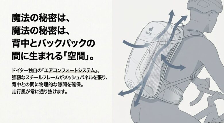 強靭なスチールフレームがメッシュパネルを張り、背中とバックパックの間に物理的な隙間を作って走行風を逃がす仕組みの解説図
