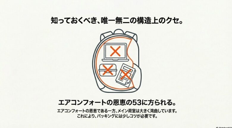 メイン荷室が弓なりに湾曲しているため、PCや書類、お弁当箱などの平らな物のパッキングにはコツが必要であることを示す注意アイコン