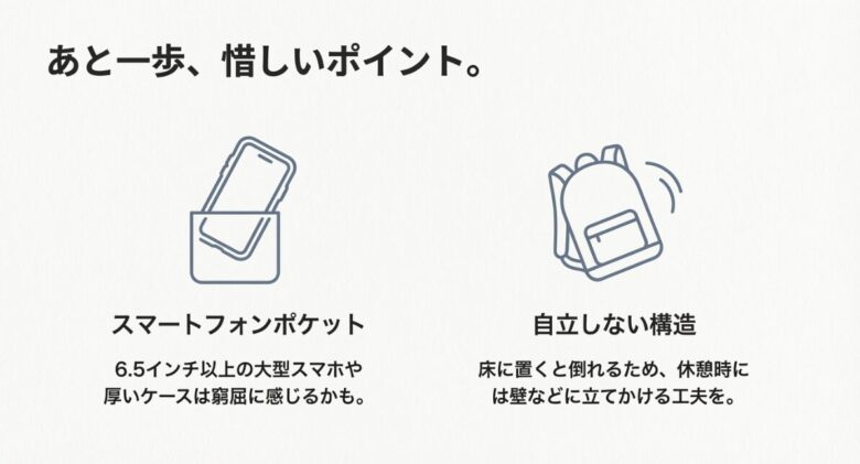 大型スマホの収納が窮屈なポケットと、底面が丸く自立しないため壁に立てかける必要があることを示すイラスト