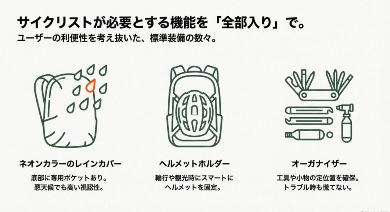 ネオンカラーのレインカバー、ヘルメットホルダー、工具を整理できるオーガナイザーの機能をまとめたアイコン集