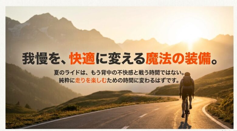夏のライドを不快感との戦いではなく、純粋に楽しむ時間に変えるというメッセージを込めたサイクリストのイラスト