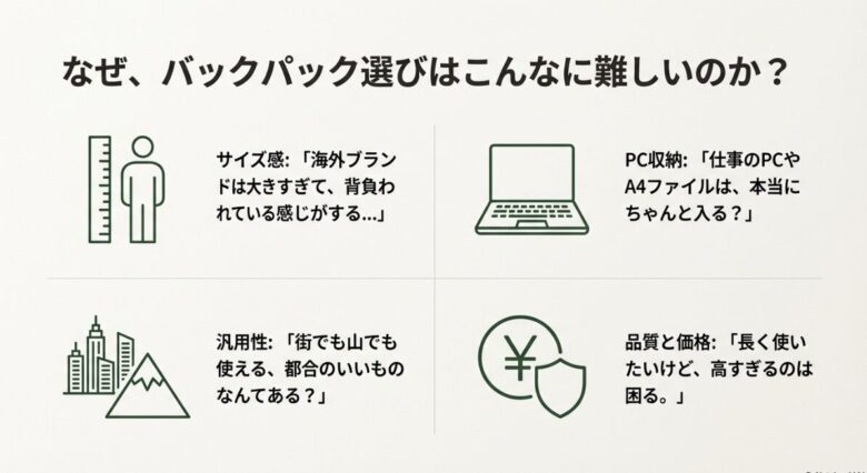 サイズ感やPC収納、汎用性、品質と価格といったバックパック選びの難しさを整理したアイコン付きスライド