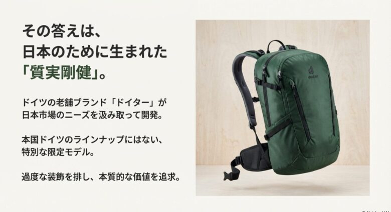 深緑色のルガーノ20本体画像と、日本市場向けに開発された限定モデルであることを説明するスライド