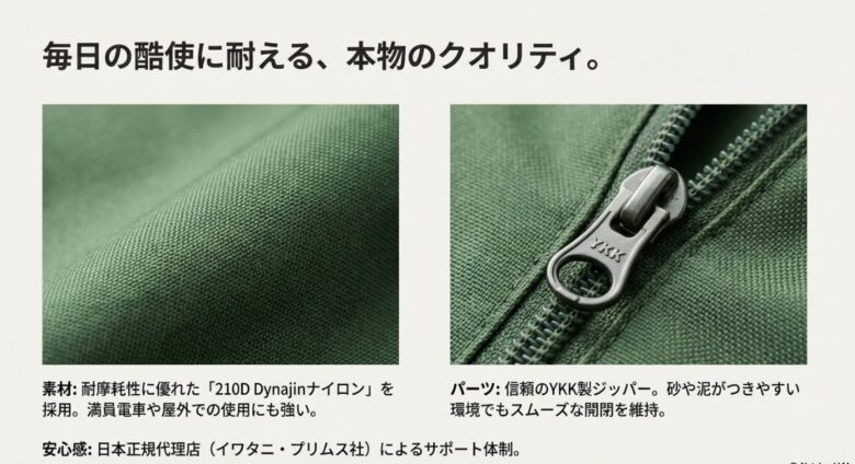 210D Dynajinナイロンの生地表面とYKK製ジッパーのクローズアップ画像