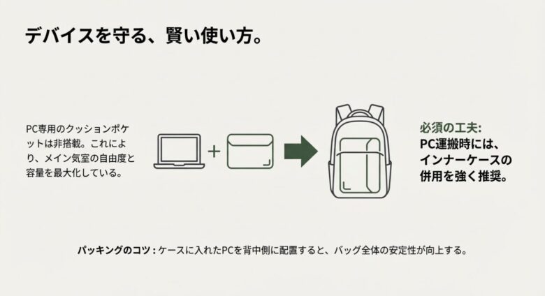 PC収納時のインナーケース併用推奨と、背中側に配置するパッキングのコツをまとめたスライド