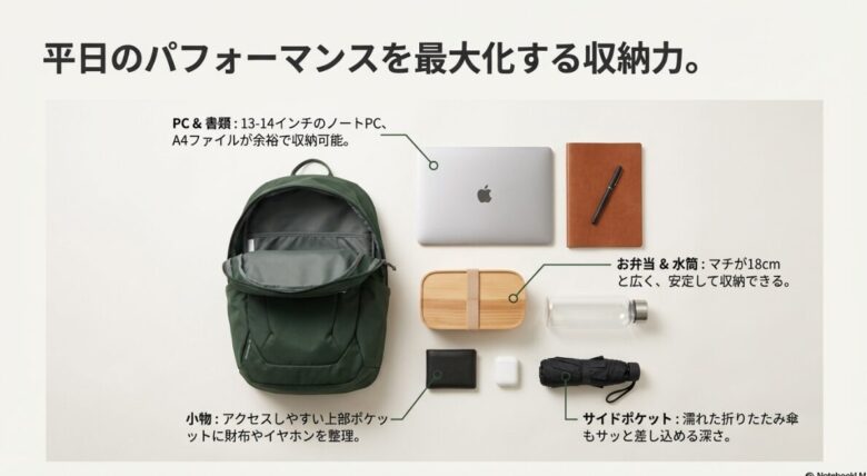 ルガーノ20の中にPC、書類、お弁当、水筒、折りたたみ傘などを並べた俯瞰画像と収納ポイントの解説スライド