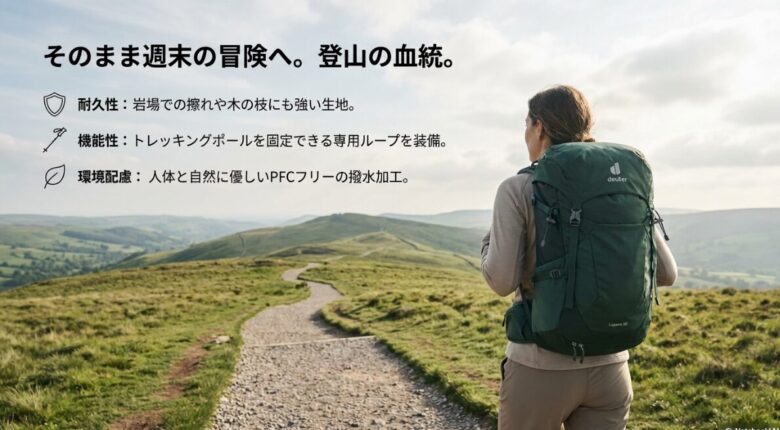 自然の中で背負われているルガーノ20の画像と、ポールの固定ループや環境配慮（PFCフリー）について説明したスライド