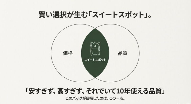「価格」と「品質」の重なり合う部分を「スイートスポット」として示したベン図のスライド