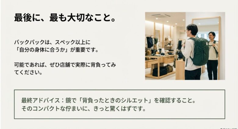 ショップの鏡の前でルガーノ20を背負い、シルエットを確認している人物の画像とアドバイスのスライド