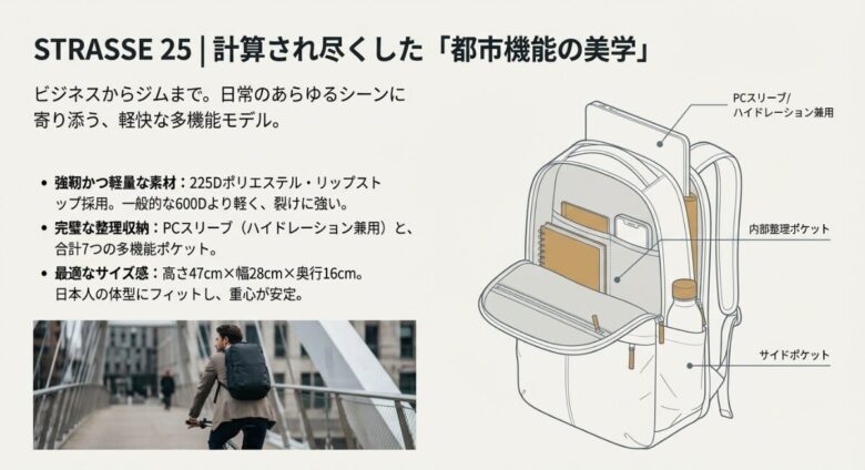 ドイター・ストラーセ25の内部ポケット構造、PCスリーブ、日本人の体型にフィットするサイズ感を示した解説画像