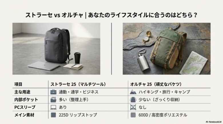 通勤・通学向けのストラーセ25と、ハイキング・旅行向けのオルチャ25の用途や収納機能の違いをまとめた比較表