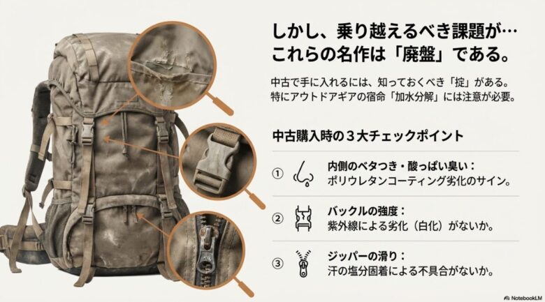 中古ドイター購入時に確認すべき「内側のベタつき・臭い」「バックルの強度」「ジッパーの滑り」をまとめた注意点スライド