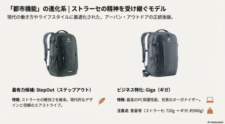 ストラーセの軽快さを継承した「ステップアウト」と、PC保護性能に優れた「ギガ」の紹介スライド