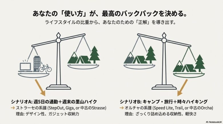 週5日の通勤メイン（シナリオA）とキャンプ・旅行メイン（シナリオB）で選ぶべきモデルを分けた判断基準の図解