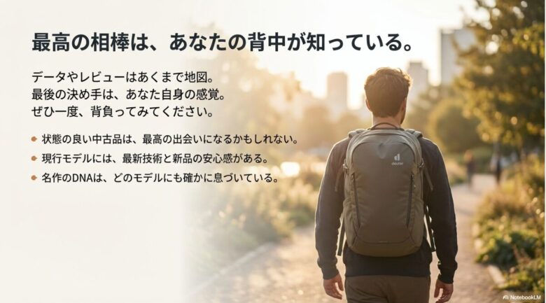 自分の感覚を信じて相棒を見つけること、名作のDNAはどのモデルにも息づいていることを伝えるまとめ画像