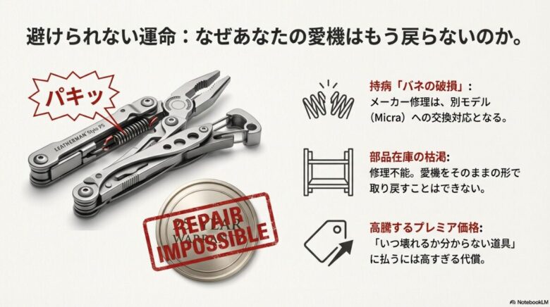 破損したマルチツールのイラスト。「避けられない運命：なぜあなたの愛機はもう戻らないのか。持病『バネの破損』：メーカー修理は別モデル(Micra)への交換対応となる。」という説明スライドです