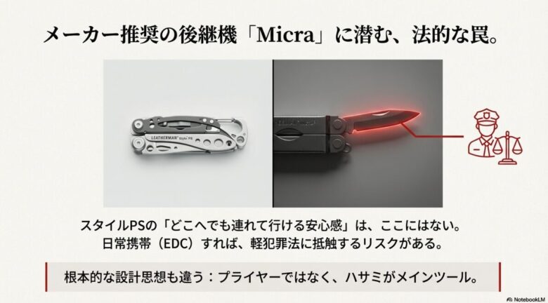 赤く強調されたナイフブレードと警察・天秤のアイコン。「メーカー推奨の後継機『Micra』に潜む、法的な罠。日常携帯(EDC)すれば、軽犯罪法に抵触するリスクがある。」という警告スライドです