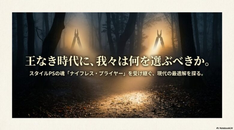 暗い背景に「王なき時代に、我々は何を選ぶべきか。スタイルPSの魂『ナイフレス・プライヤー』を受け継ぐ、現代の最適解を探る。」という問いかけのテキスト