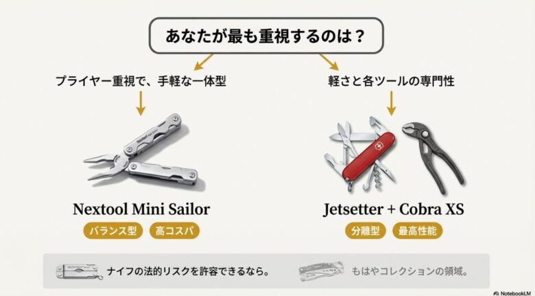 2つの選択肢を比較する図。「一体型Nextool（バランス型・高コスパ）」か「分離型Jetsetter+Cobra XS（最高性能）」か、重視するポイントで選ぶための比較スライドです