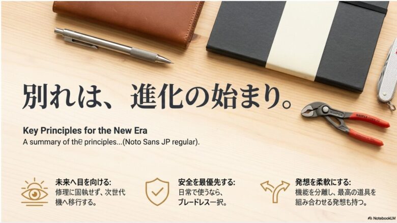「別れは、進化の始まり。未来へ目を向ける（次世代機へ移行）、安全を最優先（日常ならブレードレス一択）、発想を柔軟に（機能の分離）。」というまとめのスライドです