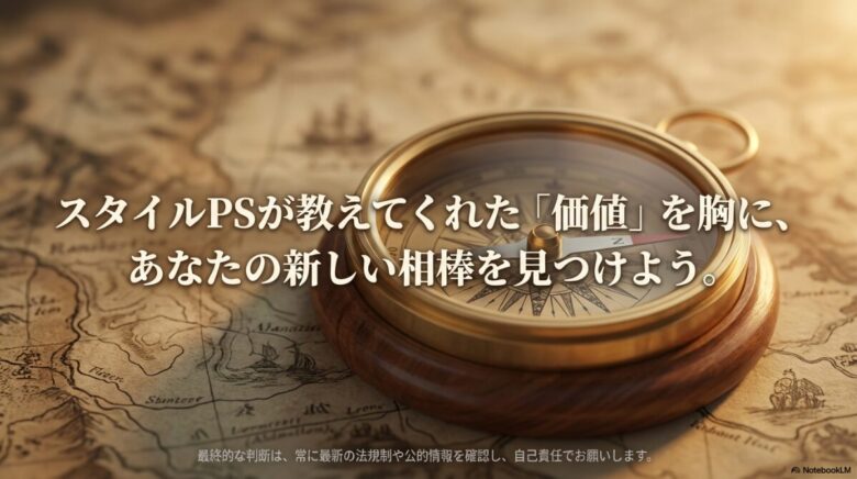 「スタイルPSが教えてくれた『価値』を胸に、あなたの新しい相棒を見つけよう。最終的な判断は自己責任でお願いします。」という結びのメッセージスライドです