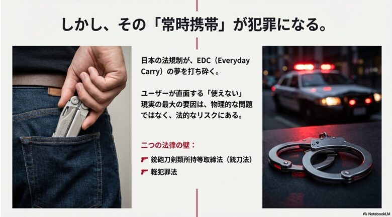 警察車両と手錠を背景に、銃刀法と軽犯罪法という二つの法律の壁が日常携帯の夢を打ち砕くことを示す図解