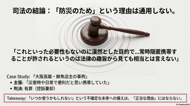 大阪高裁の鮮魚店主の事例を挙げ、「いつか使うかもしれない」という不確定な未来への備えは正当な理由にならないことを解説するスライド