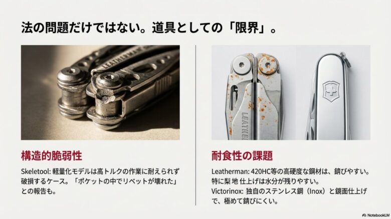 破損したスケルツールのリベット部分と、レザーマン420HC鋼のサビやすさをビクトリノックスと比較した画像
