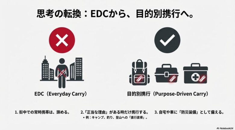 街中での常時携帯（EDC）を避け、キャンプや登山など目的がある時や防災装備として備える「目的別携行」のルールを示す図解