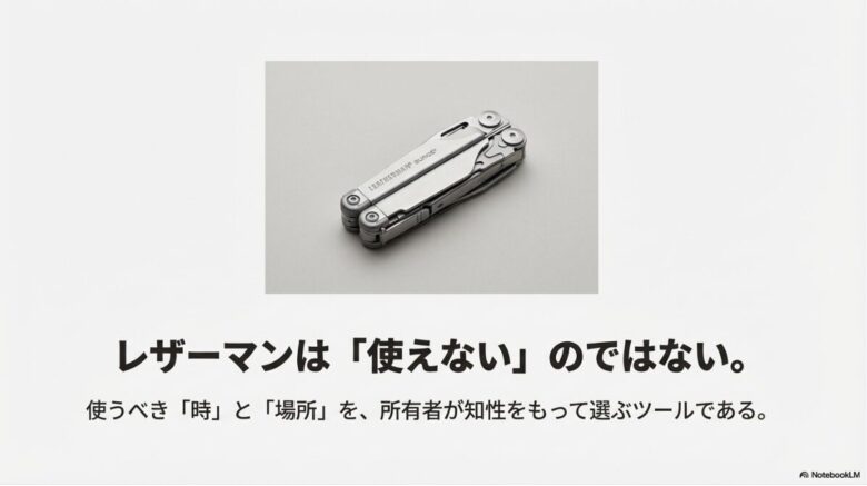 レザーマンSurgeの画像を背景に、「使えない」のではなく使うべき時と場所を所有者が選ぶべきツールであることを伝えるメッセージ