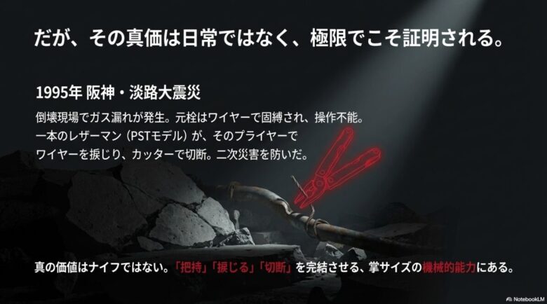 1995年阪神・淡路大震災の倒壊現場で、レザーマンPSTがガスの元栓のワイヤーを切断し二次災害を防いだ実績を解説するスライド