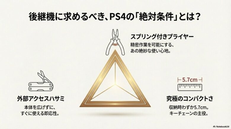 スクォート PS4の後継機に求めるべき条件として、スプリング付きプライヤー 、外部アクセスハサミ 、収納時5.7cmのコンパクトさ の3点を挙げた三角形の図解