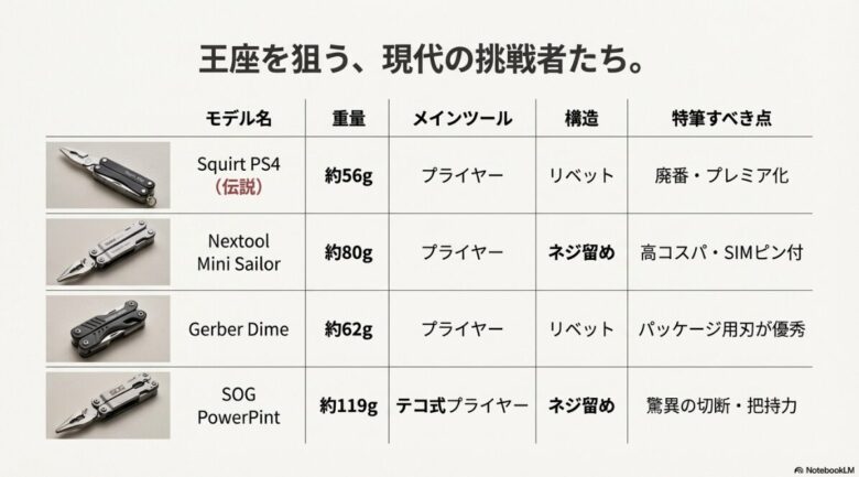 Squirt PS4、Nextool Mini Sailor、Gerber Dime、SOG PowerPintの4モデルについて、重量、メインツール、構造、特筆すべき点を比較した一覧表スライド