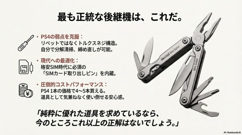 Nextool Mini Sailorの製品写真とともに、トルクスネジ構造によるメンテナンス性 、SIMカード取り出しピンの内蔵 、PS4の1本の価格で4〜5本買えるコストパフォーマンス を強調したスライド