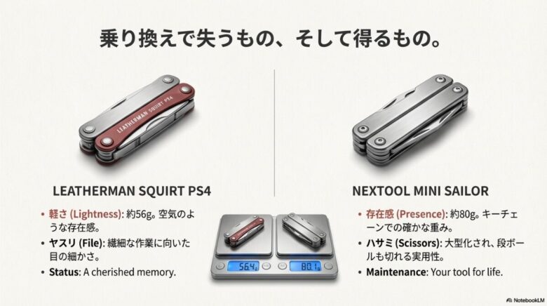 レザーマン スクォート PS4（約56g）とNextool Mini Sailor（約80g）を秤に乗せて重量差を比較した写真。 PS4は軽さと繊細なヤスリ 、Nextoolはハサミの大型化とメンテナンス性 が特徴であることを示している