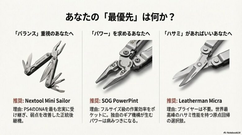 ユーザーの最優先事項に合わせた推奨モデルの紹介 。バランス重視ならNextool Mini Sailor 、パワー重視ならSOG PowerPint 、ハサミ重視ならLeatherman Micra を推奨する図解