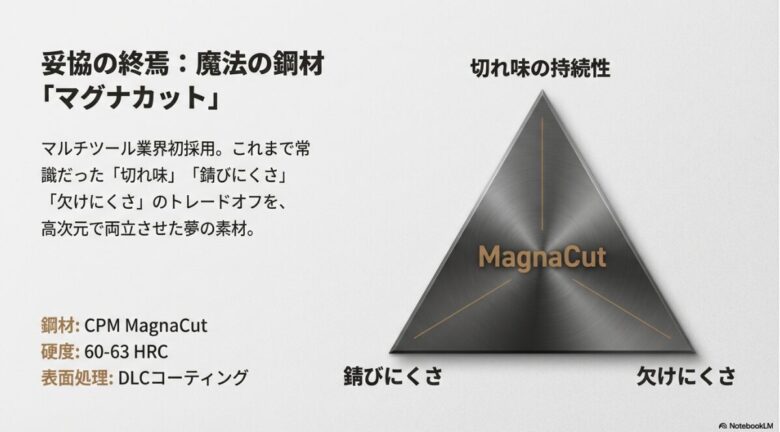 CPM MagnaCutの硬度60-63 HRCやDLCコーティング、切れ味・錆びにくさ・欠けにくさの両立を説明するグラフ付きスライド