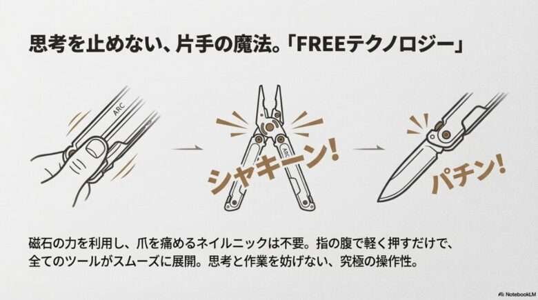 磁石の力を利用して指の腹で軽く押すだけで、プライヤーやナイフが「シャキーン！」「パチン！」と展開する様子を示すイラストスライド