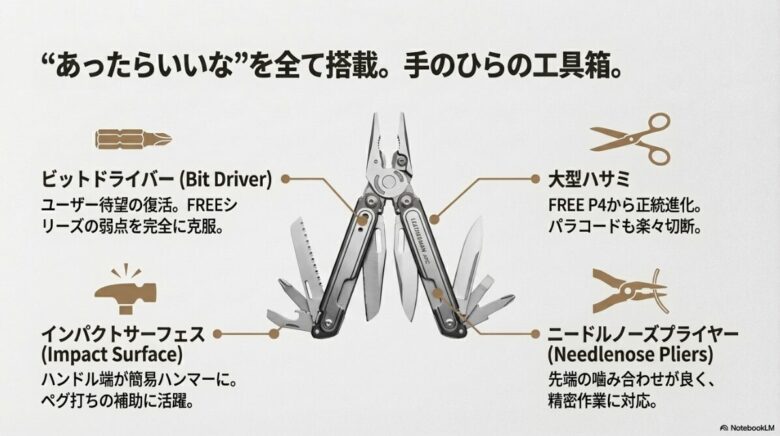 ビットドライバー、インパクトサーフェス、大型ハサミ、ニードルノーズプライヤーなど、ARCの主要な搭載ツールを紹介するスライド