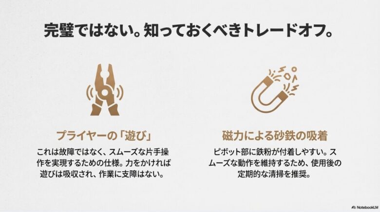 片手操作を実現するためのプライヤーの遊びや、磁力による鉄粉吸着の清掃メンテナンスを促す注意喚起スライド