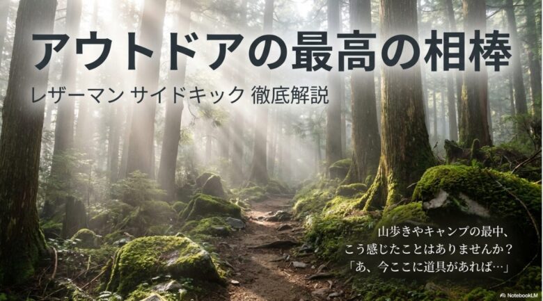 「アウトドアの最高の相棒 レザーマン サイドキック 徹底解説」というタイトルと、山歩きやキャンプでの道具の必要性を問いかけるスライド画像
