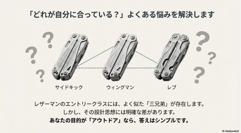 レザーマンのサイドキック、ウィングマン、レブの3モデルが並び、それぞれの設計思想に差があることを示すスライド画像