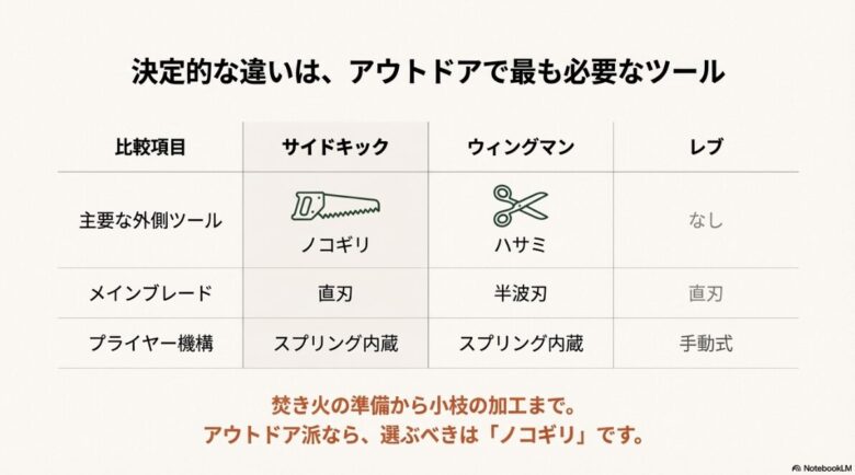 3モデルの主要ツール（ノコギリ・ハサミ）、メインブレード（直刃・半波刃）、プライヤー機構（スプリング内蔵・手動）の違いをまとめた比較表スライド