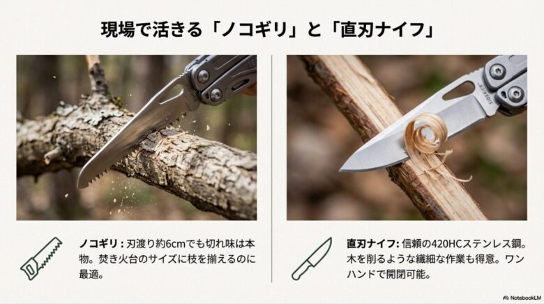 サイドキックのノコギリで木の枝を切る様子と、直刃ナイフで木を削る（フェザースティック作り）のクローズアップ写真